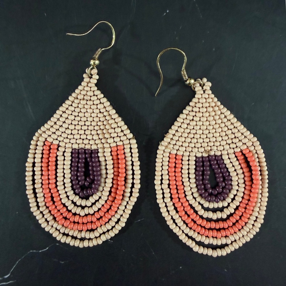 Hand Crafted Seed Bead Dangle Earrings Sunset Arch Pattern Pink Brown 2in